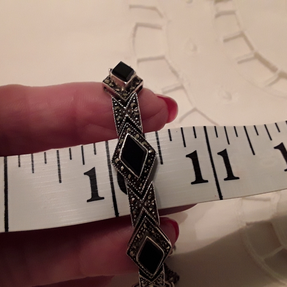 VTG. 925 STERLING MARCASITE & ONYX LINK BRACELET - Picture 5 of 8